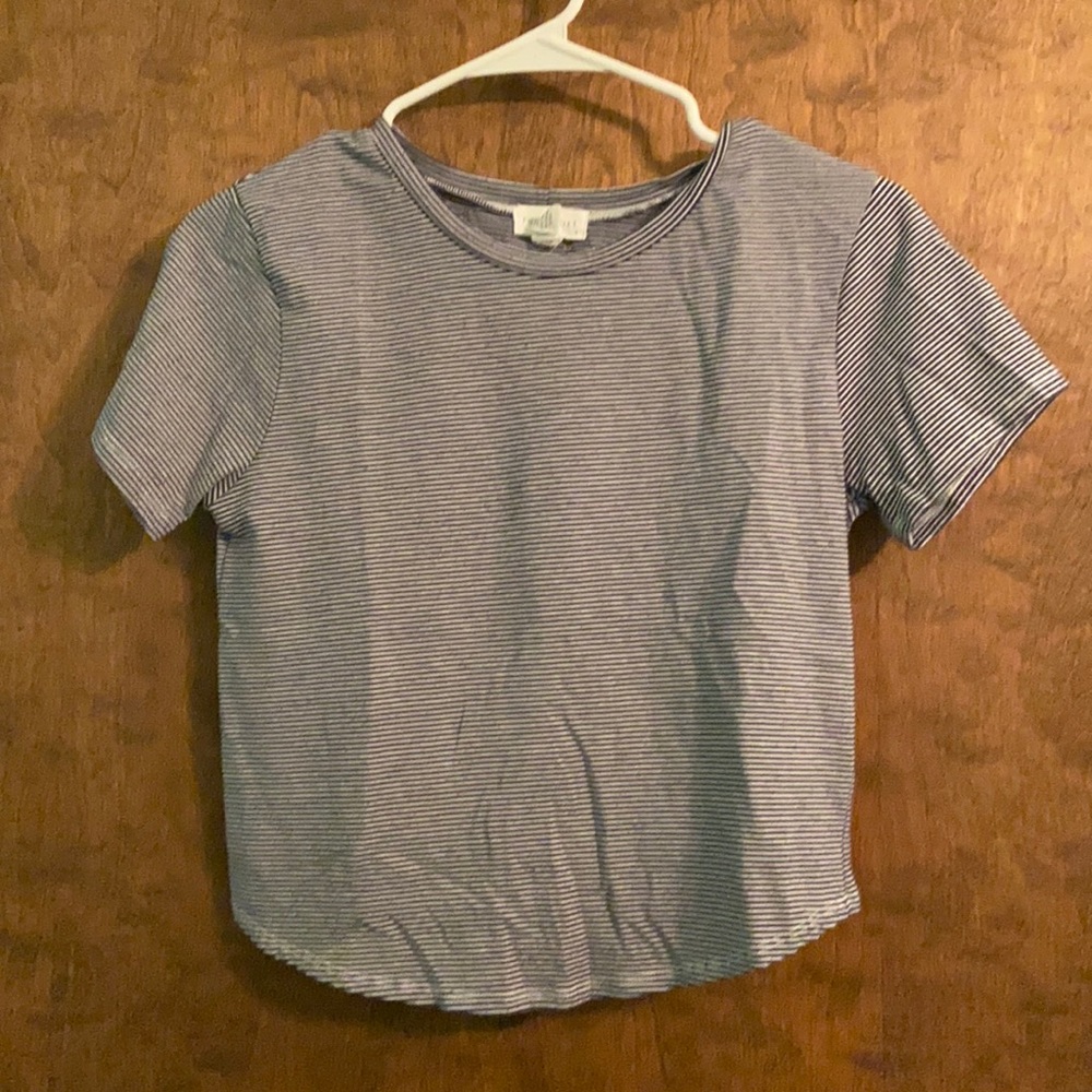 Slightly Cropped, blue and white striped T-shirt